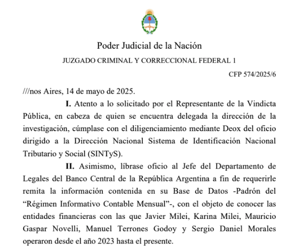 Court document showing Judge María Servini’s request for the financial statements of President Javier Milei and his sister, Karina Milei - The Coinomist