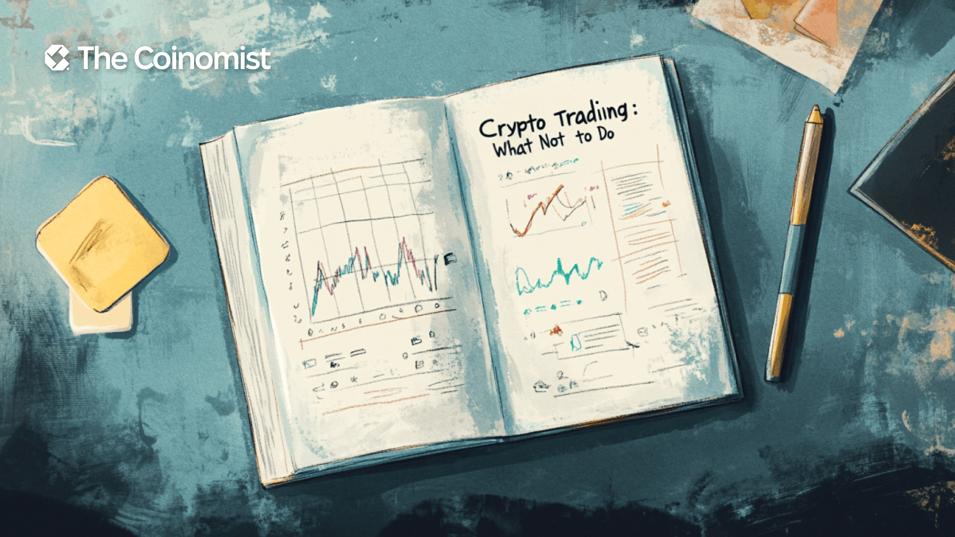 a stylized notebook or textbook with charts drawn on the page and the inscription: “Crypto Trading: What Not to Do” - The Coinomist