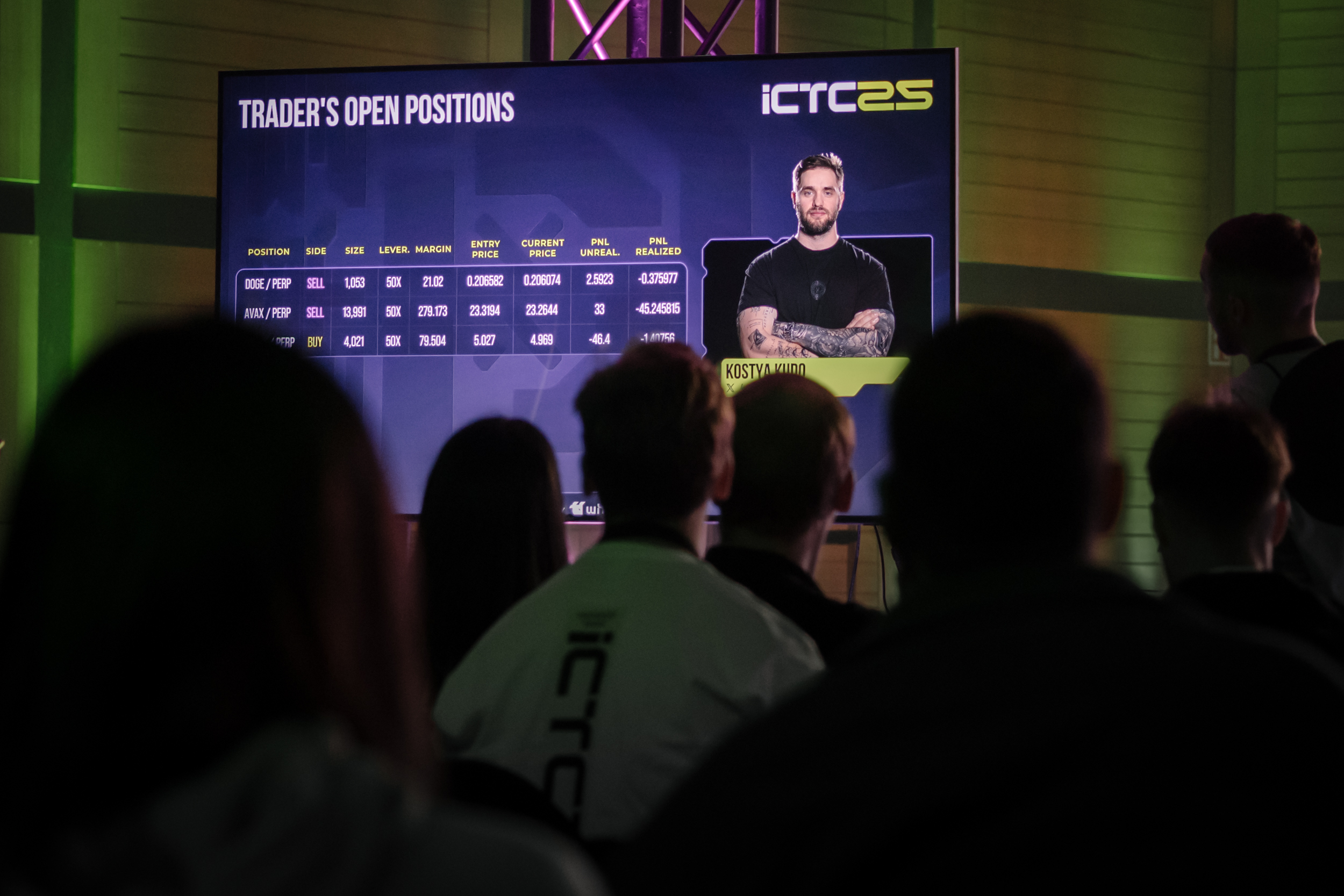 An audience watches a screen displaying a trader's open crypto positions and performance stats at the iCTC25 event - The Coinomist