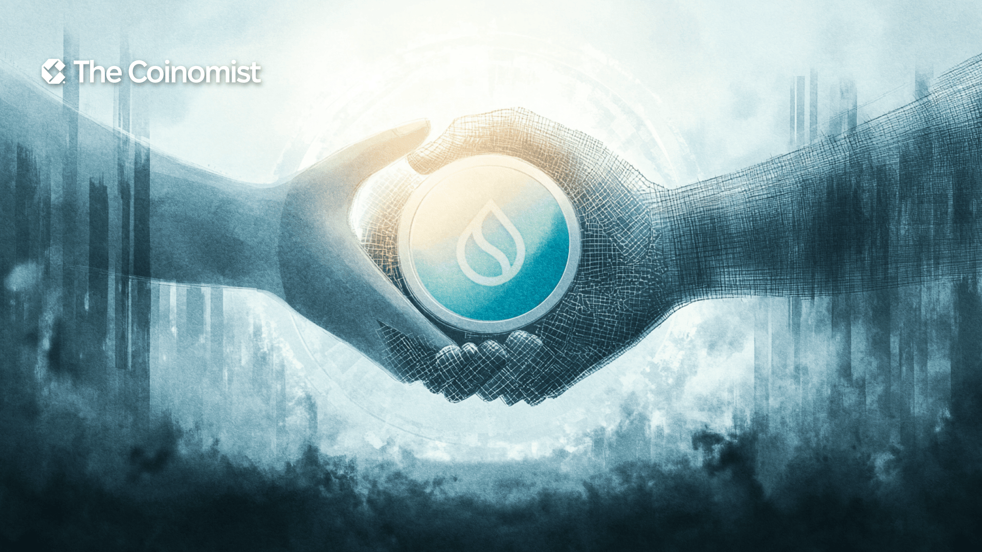Sui coin logo with a handshake silhouette in the background - The Coinomist