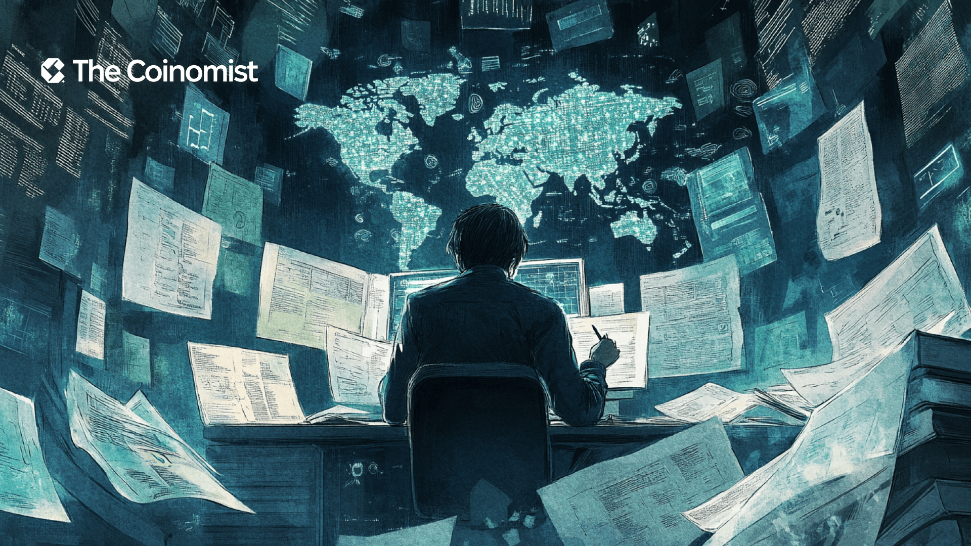 A person sits at a desk, and papers with statistics are flying around him. The Coinomist