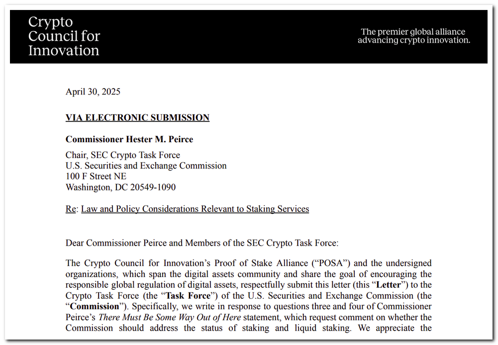 Screenshot of the Crypto Council for Innovation’s formal letter to the SEC, titled “Law and Policy Considerations Relevant to Staking Services” — The Coinomist