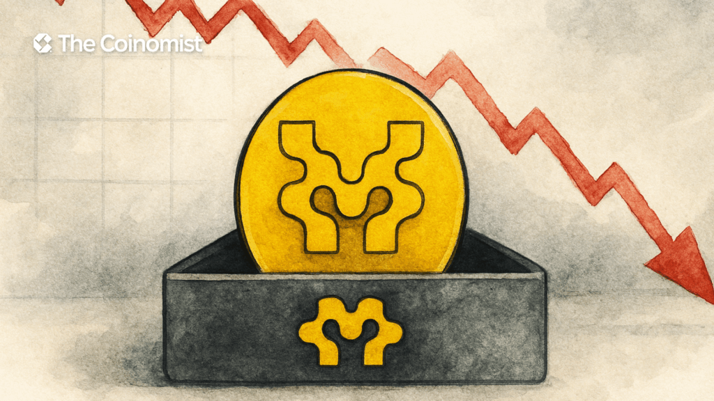 Movement project logo, red downtrending chart in the backgrund -The Coinomist