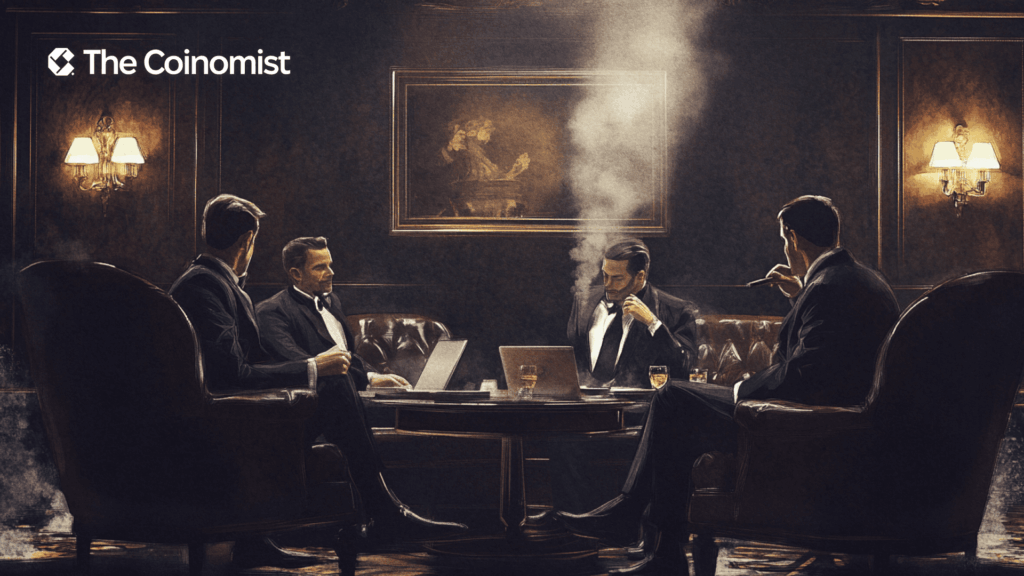 A room where gentlemen in tuxedos sit, smoking cigars and looking at laptops - The Coinomist