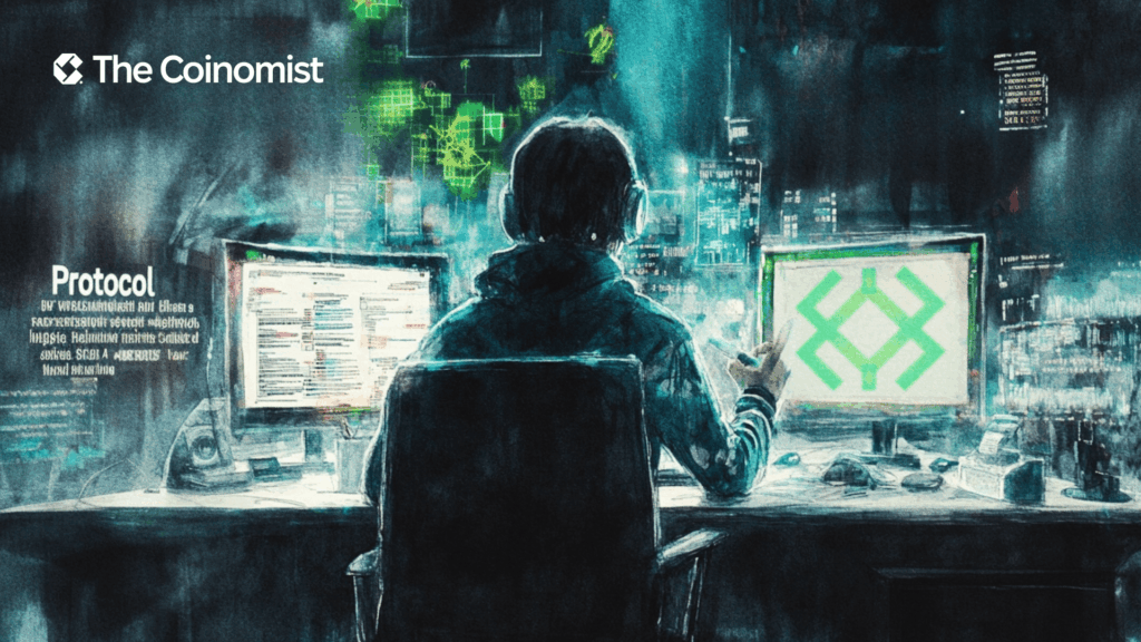 an analyst, ideally in a style that reflects Immunefi’s branding, is collecting data—sketching out charts, graphs, and visual reports - The Coinomist