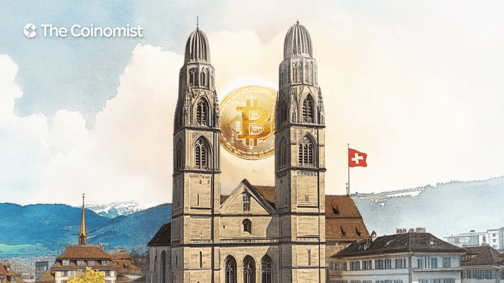Two spires of the Grossmünster church in Zurich between which, like the sun, Bitcoin shines. Attach the Swiss flag to one of the spires