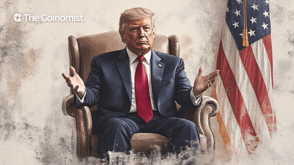 Donald Trump gives an interview while sitting in a chair near the US flag - The Coinomist