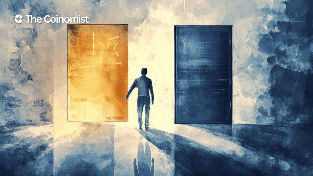 A figure of a man in front of two doors. One door is half-open. It is translucent and light shines from there The other door is tightly closed - The Coinomist