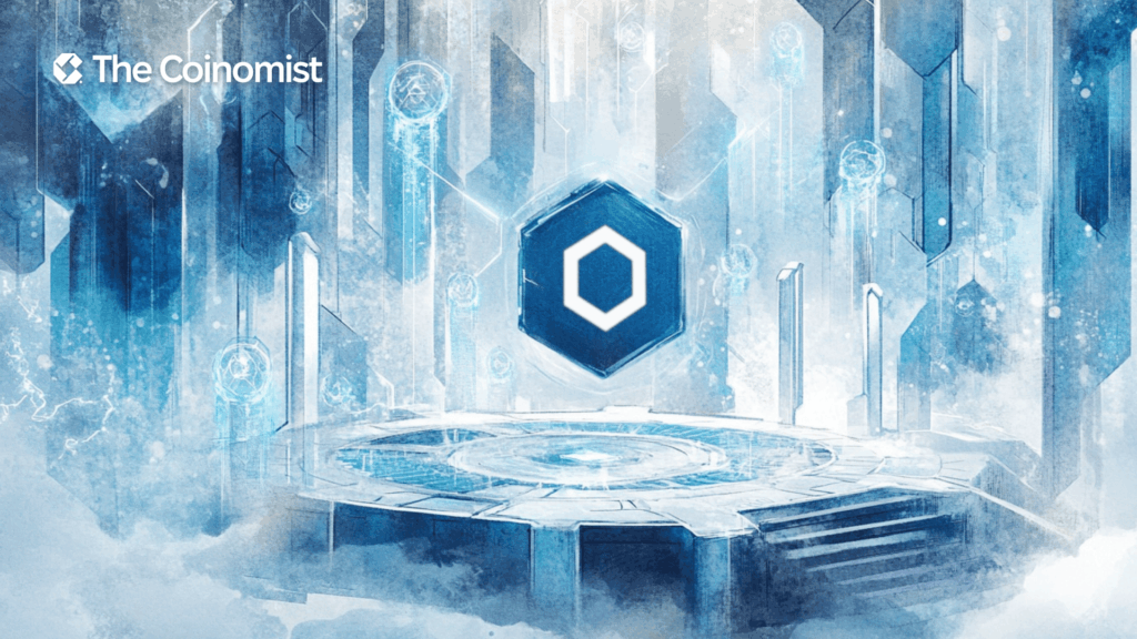 Chainlink logo and blockchain elements - The Coinomist
