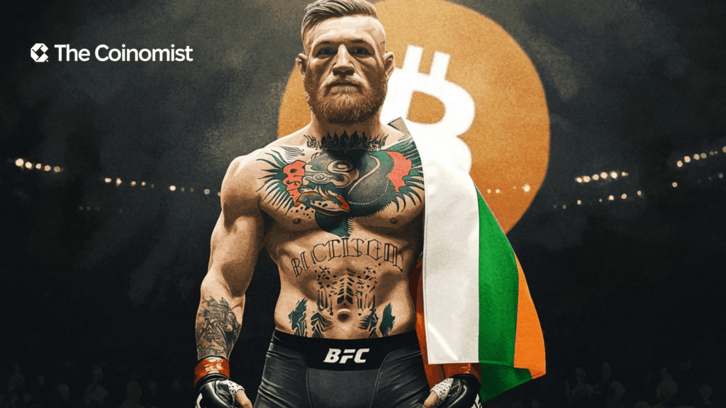 Photo of UFC Champion Conor McGregor in the ring with the Irish flag, and a BTC logo in the background - The Coinomist