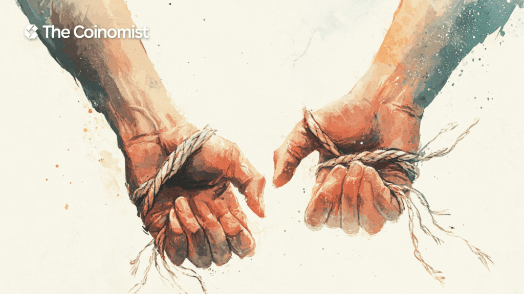 Hands breaking free from tied ropes - The Coinomist