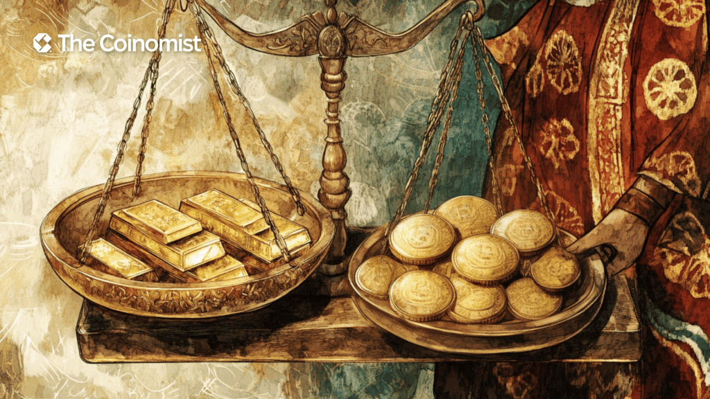 a traditional balance scale—the kind used in old markets, where items are placed on each side to weigh against one another. On one side, place gold bars; on the other, coins marked with the U.S. dollar symbol to represent stablecoins - The Coinomist