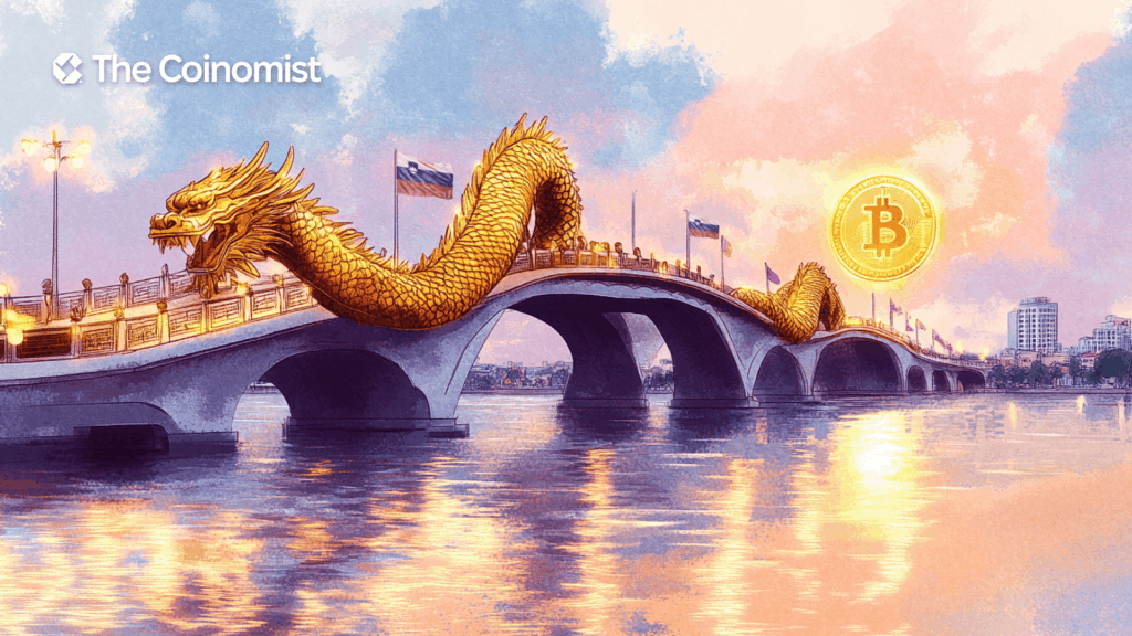 Dragon Bridge over which, like the sun, a bitcoin coin rises - The Coinomist