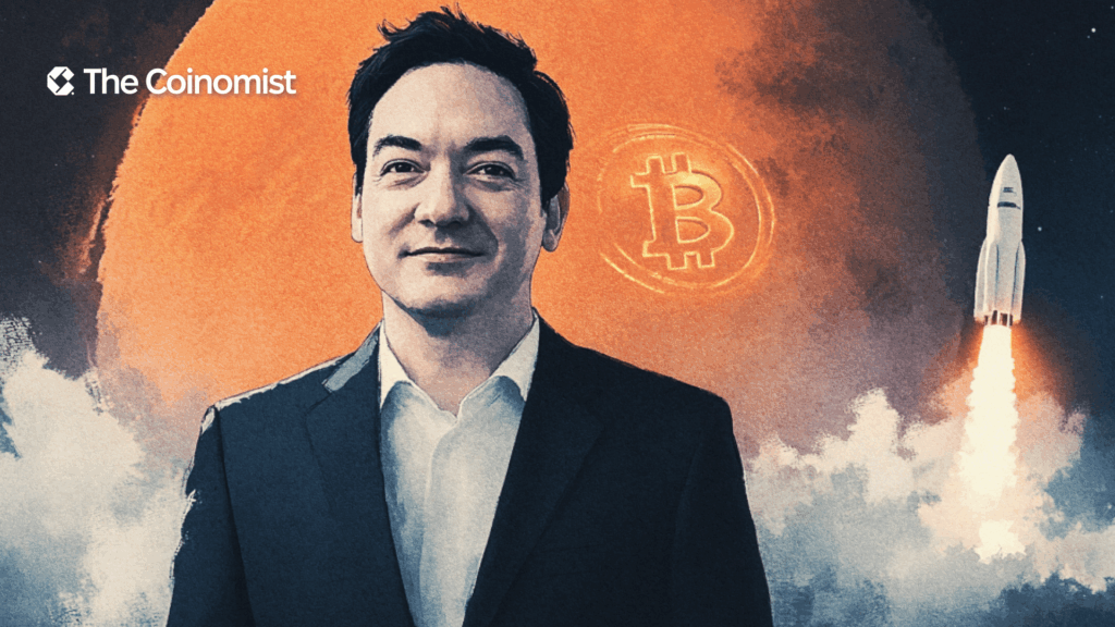 Metaplanet CEO Simon Gerovich, with a Bitcoin logo on the moon and a rocket in the background - The Coinomist