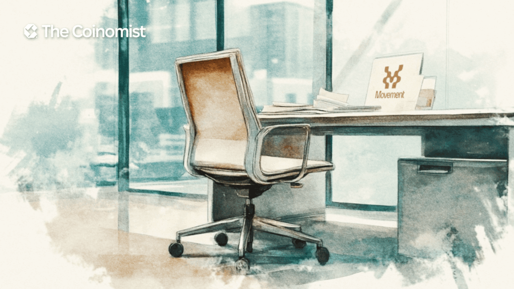 Cabinet of the Movement Labs company, empty chair, table with documents - The Coinomist