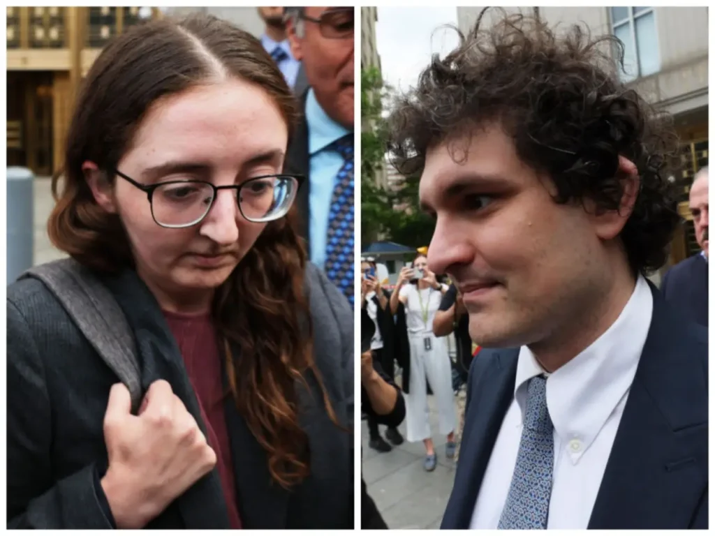Caroline Ellison and Sam Bankman-Fried photographed separately outside court during the FTX trial, 2023 — The Coinomist