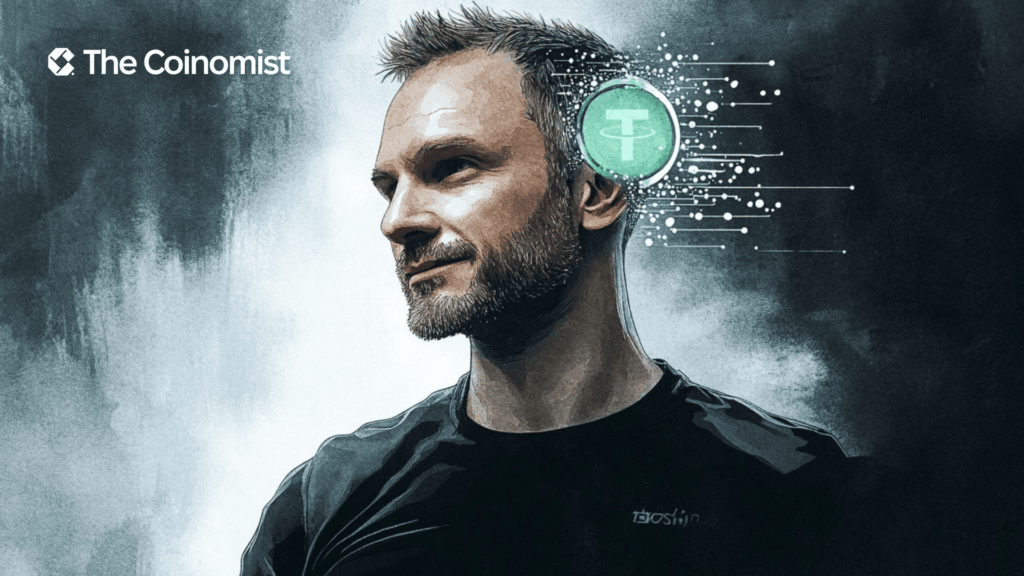 Paolo Ardoino, robo-brain with Tether logo. The Coinomist