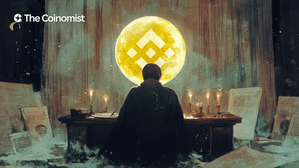 A soothsayer from Standard Chartered looks at a magic ball displaying the BNB token logo - The Coinomist