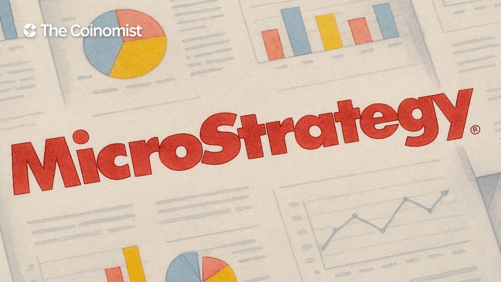 Strategy (Microstrategy) logo, lots of financial report papers in the background - The Coinomist