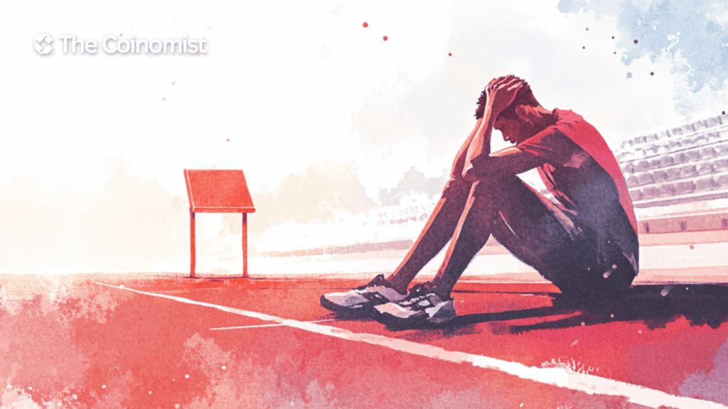 a runner sits in front of a barrier, clutching his head with his hands - The Coinomist