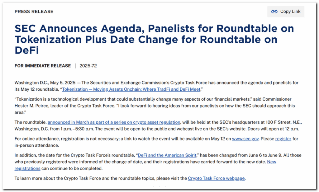 SEC press release titled “SEC Announces Agenda, Panelists for Roundtable on Tokenization,” published May 5, 2025, on the agency’s official website — The Coinomist
