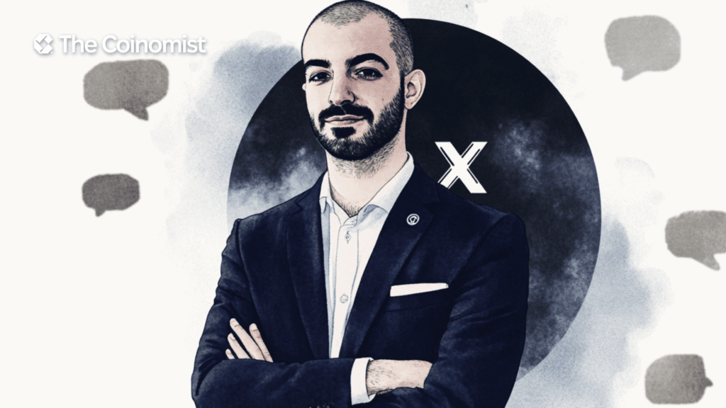 Zack Shapiro, lawyer and Managing Partner at Rains, featured on the cover with the X logo and speech bubbles in the background. - The Coinomist
