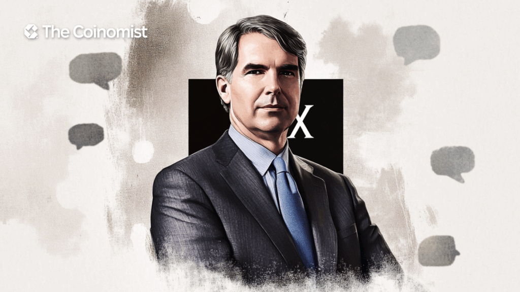 US Treasury Secretary Scott Bessent on the cover, with the X logo and speech bubbles in the background - The Coinomist