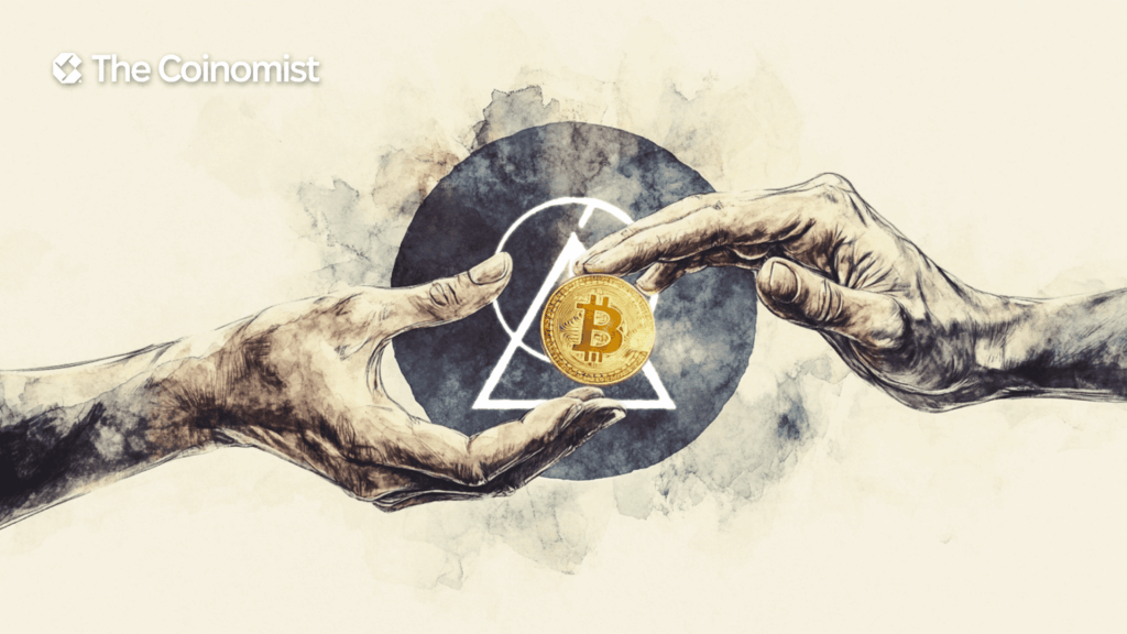 Two Prime logo, with a hand delivering Bitcoins to another hand - The Coinomist