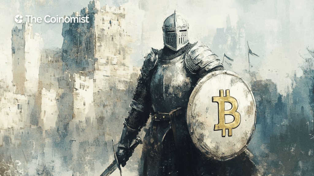 A knight with a sword and shield stands against the backdrop of a medieval fortress - The Coinomist
