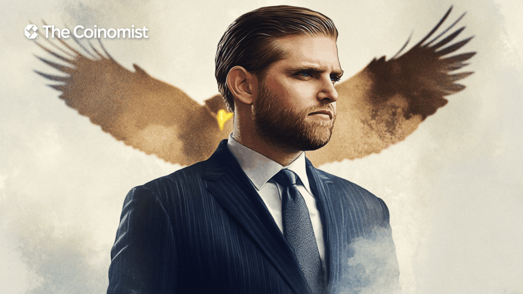 Eric Trump, World Liberty Financial logo in the background - The Coinomist
