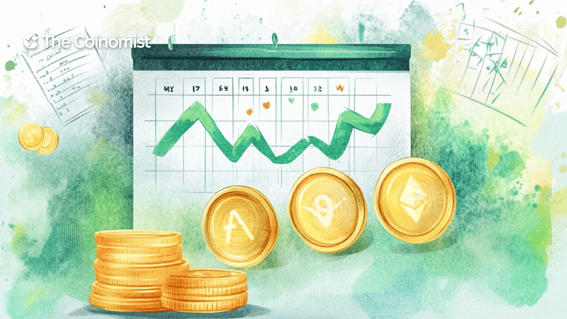 A green chart pointing up on a calendar, with coins of various crypto currencies next to it.