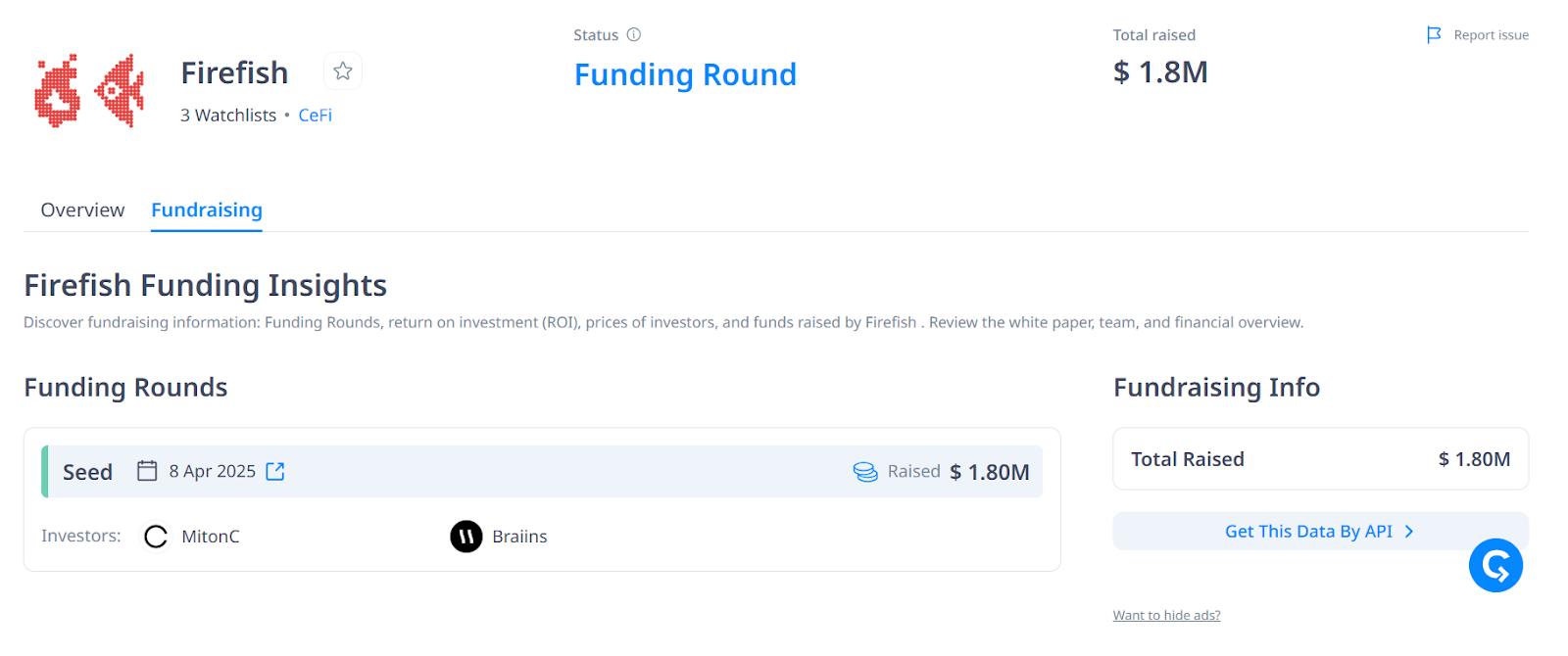 Firefish raises $1.8M seed round. Source: cryptorank.io/