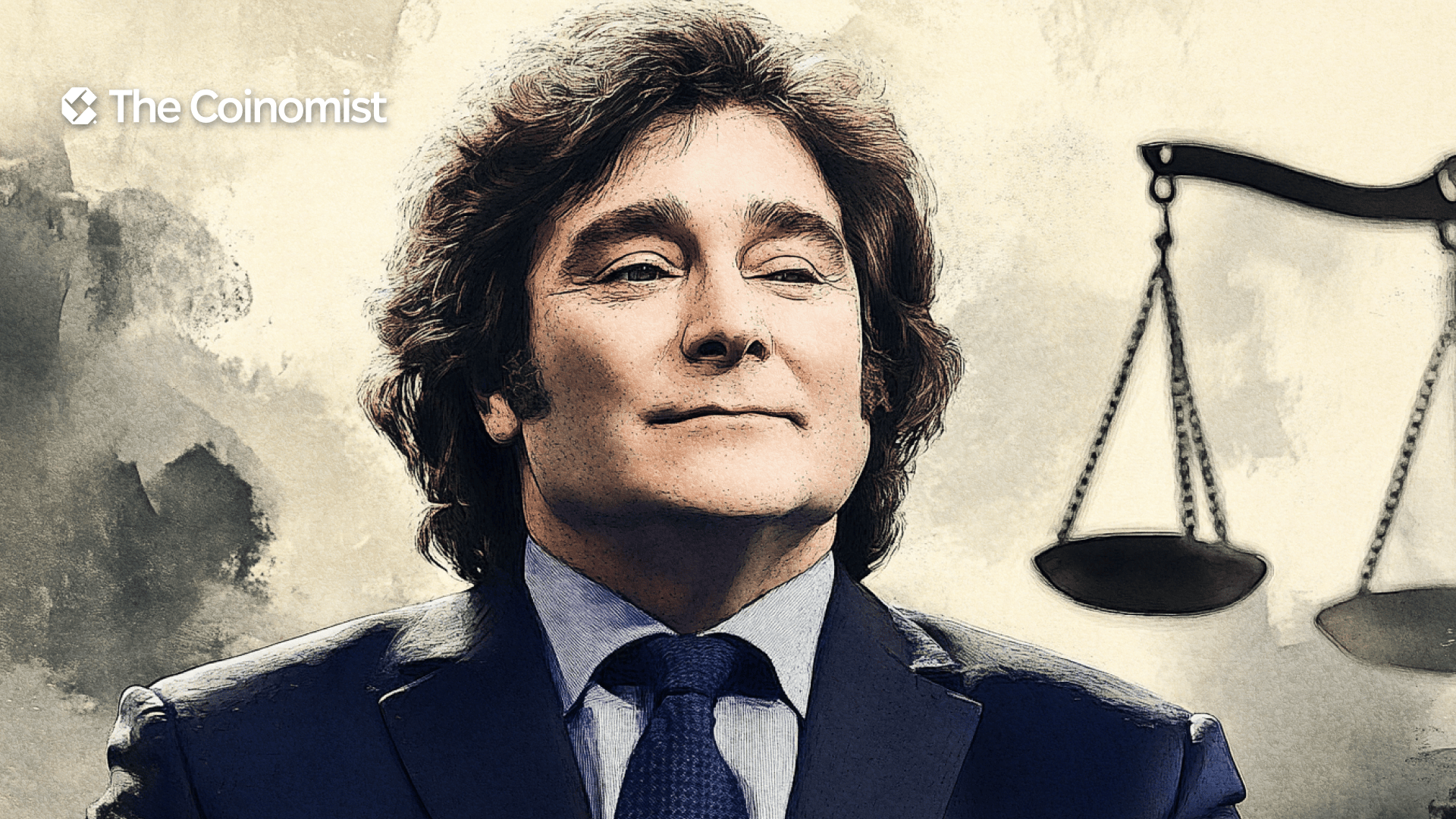 Argentine President Javier Milei with justice scales in the background, symbolizing the ongoing legal case - The Coinomist