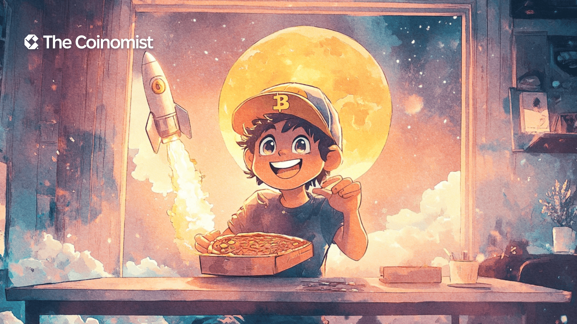 A cartoon character wearing a Bitcoin cap holds up a pizza box - The Coinomist