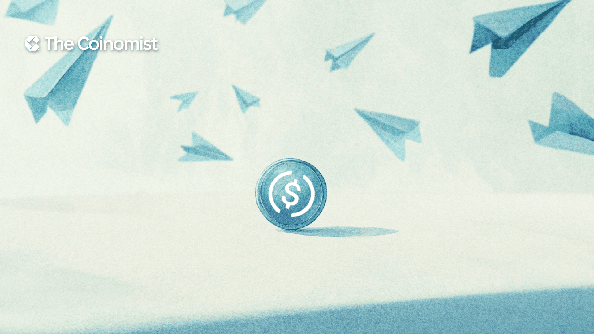 A blue coin with paper airplanes flying around it. The Coinomist