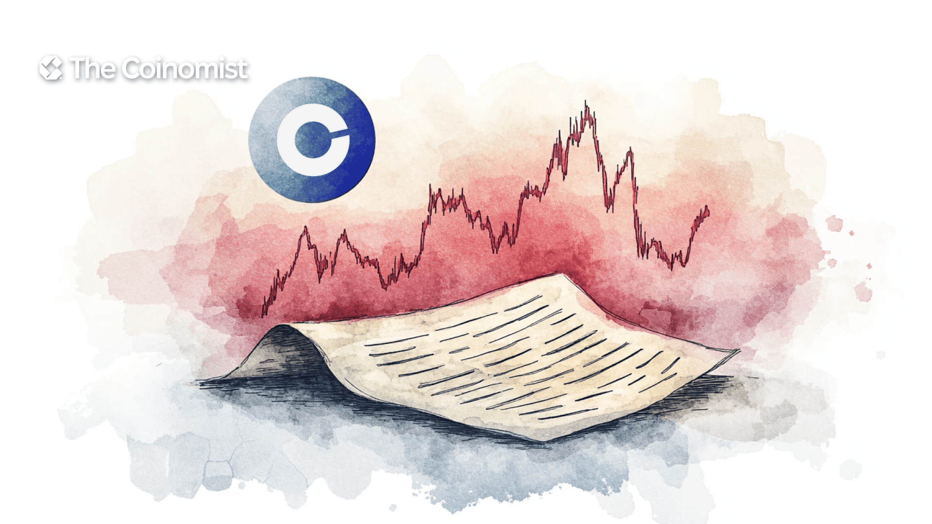 Red chart in the background, Coinbase logo, lawsuit document - The Coinomist