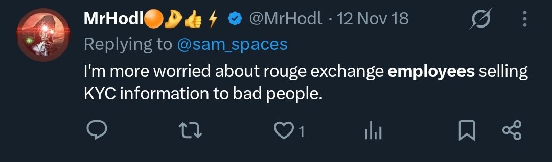 Tweet from 2018 reading: “I'm more worried about rouge exchange employees selling KYC information to bad people.”—The Coinomist