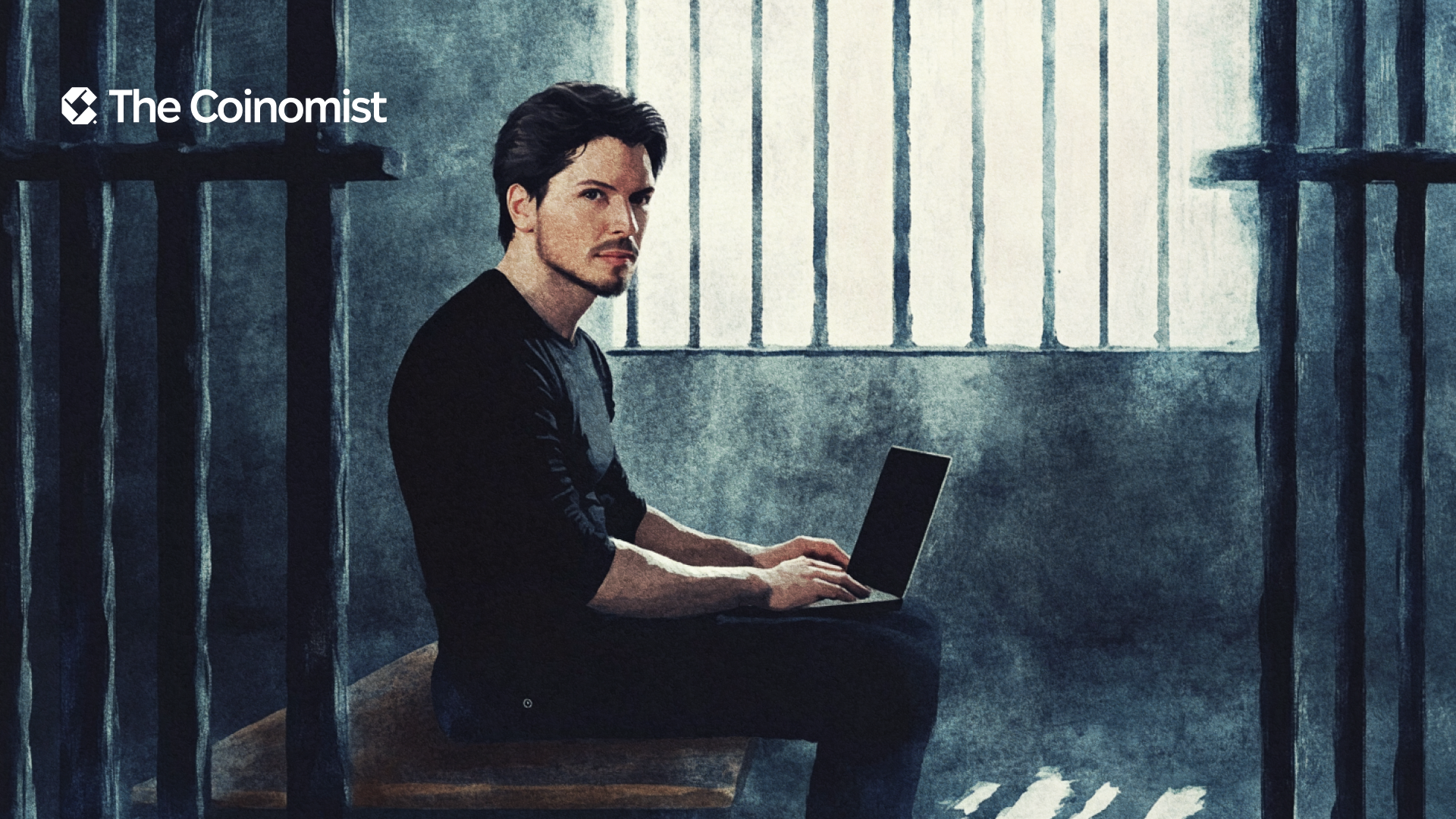 a grate on the whole screen, behind it Durov is sitting on a bench in a prison cage and looking at his laptop - The Coinomist