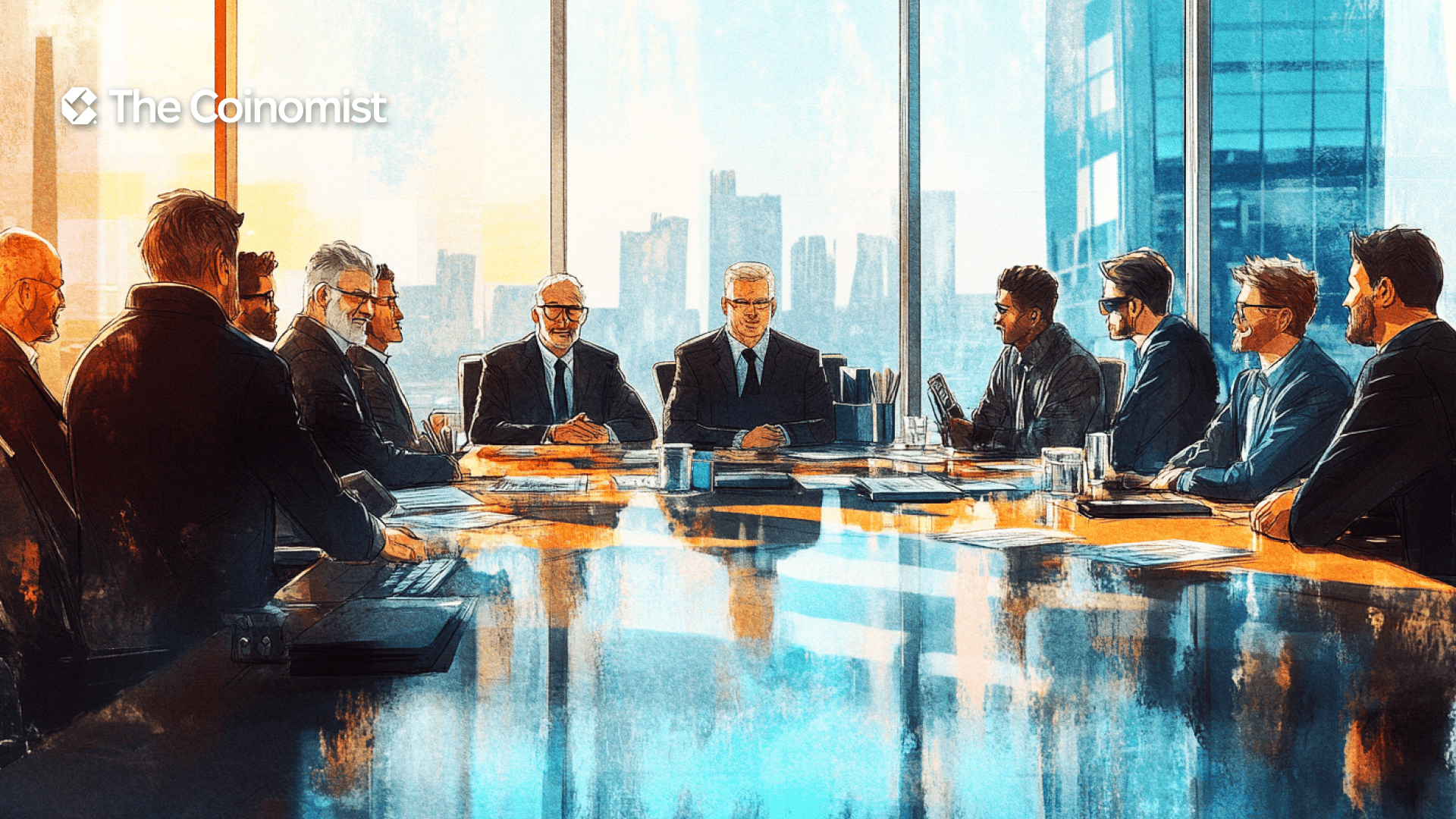 a meeting scene from the perspective of a financial office. On one side of the table sit traditional investors—suits, ties, leather briefcases, polished shoes, formal posture. On the other side, a group of typical crypto founders: track suits, casual hair, glasses, and some cyberpunk touches like LED accessories or techwear details - The Coinomist
