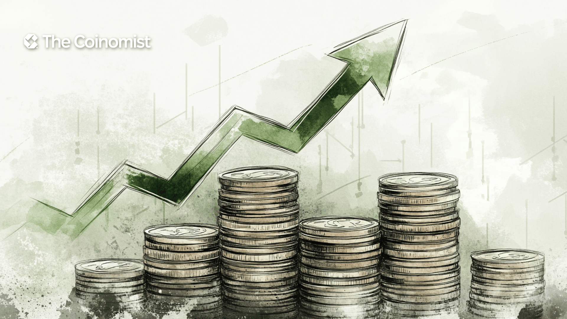 A growing stack of coins with a green upward arrow to represent rising VC investments - The Coinomist