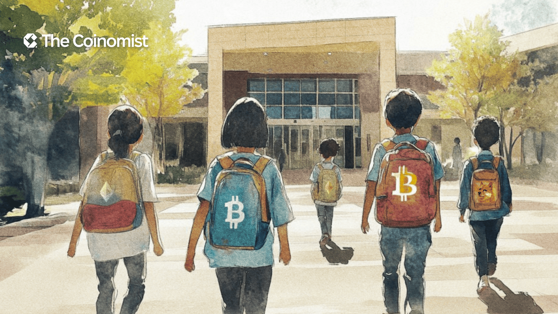 Children run to school with backpacks with Bitcoin, Etarium and a dog's face (Shiba Inu) drawn on them - The Coinomist