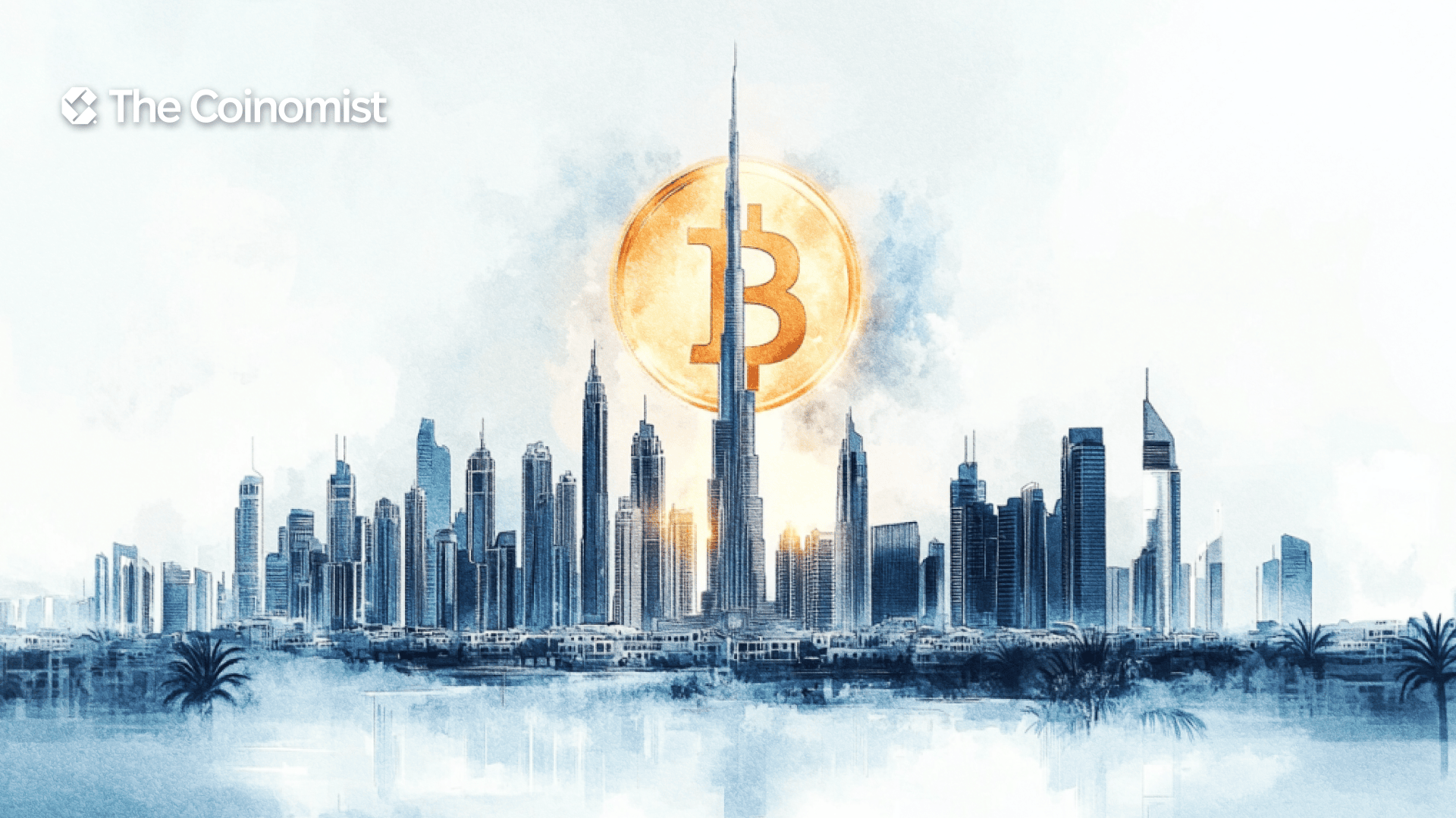 Modern Dubai skyscrapers and the Bitcoin logo - The Coinomist