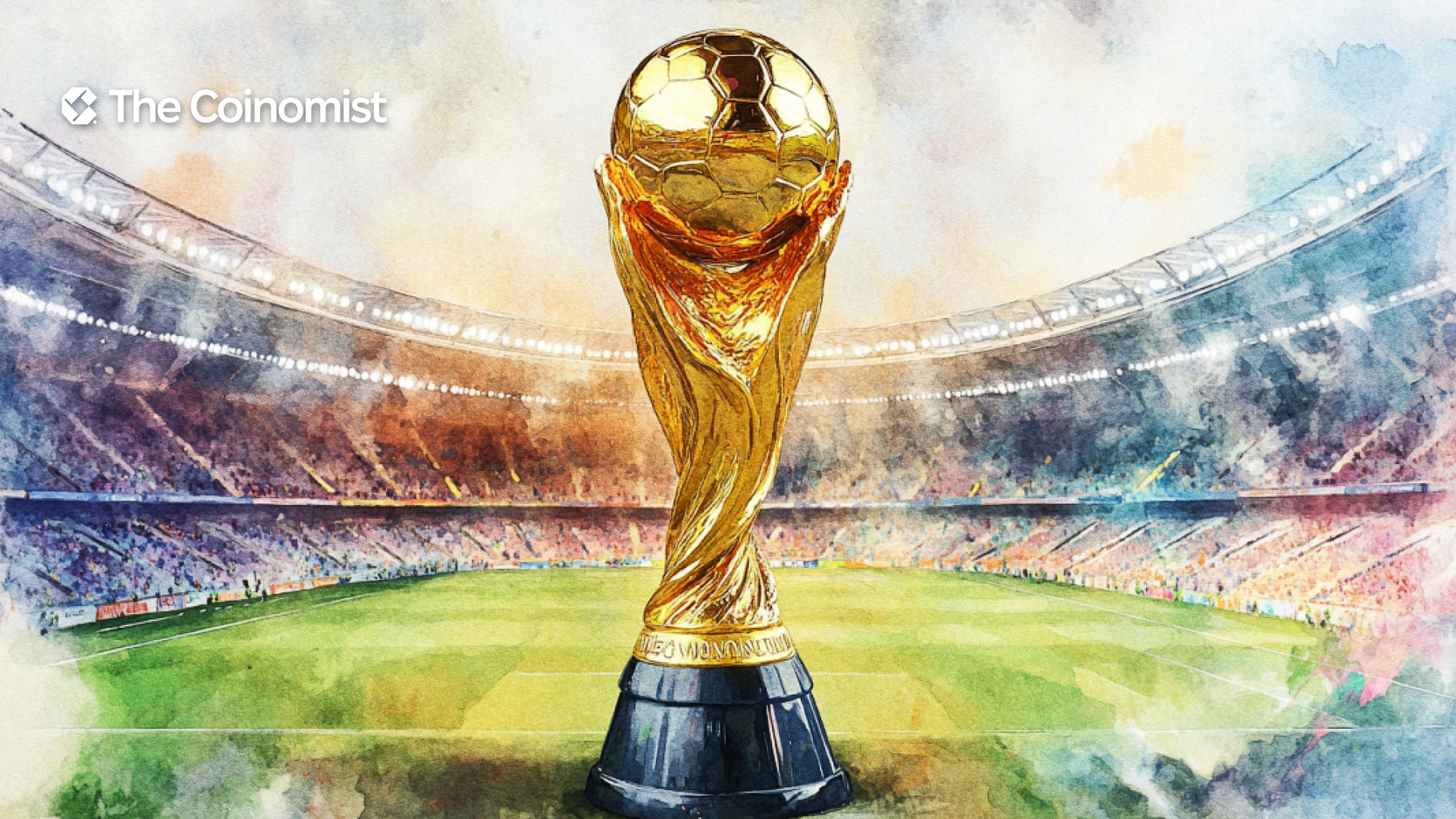 FIFA World Cup trophy with a football stadium in the background - The Coinomist