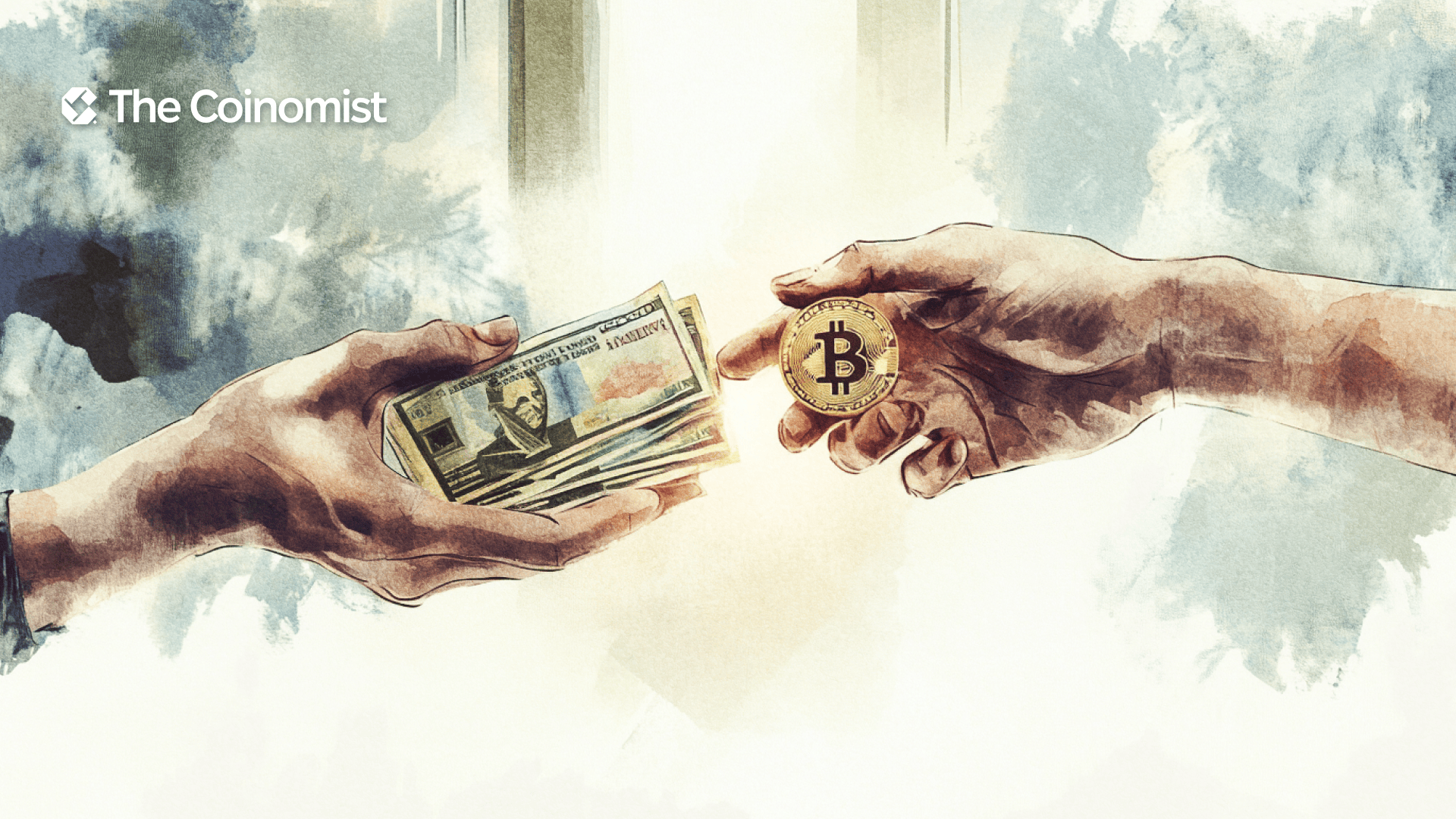 two hands, one holding paper money, the other a bitcoin coin, and they are exchanging. The Coinomist