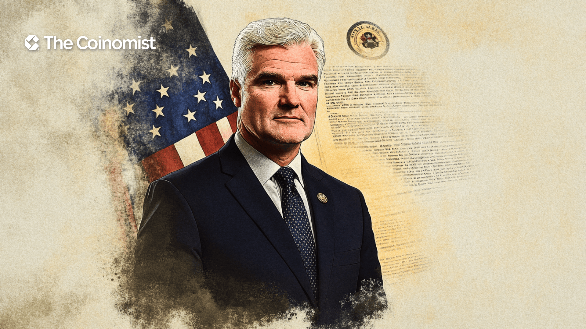 Congressman Tom Emmer with a US flag and a document in the background - The Coinomist