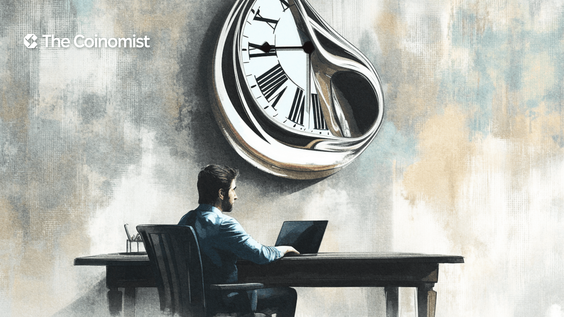 the trader is sitting in front of a laptop, next to him on the wall there is a clock - The Coinomist