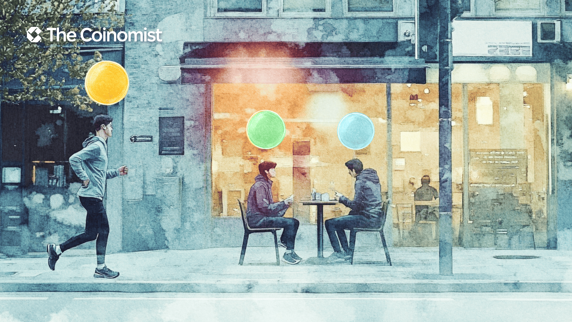 A city street, one person is running (morning jogging) and a coin with an illegible symbol is shining above his head, another is drinking coffee at a table in a street cafe (a coin of a different color is shining above him), a third person is standing at a traffic light and looking at his phone - The Coinomist