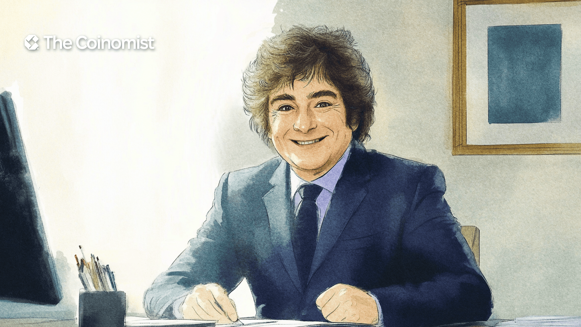 A smiling Javier Milei sits at a table. The Coinomist