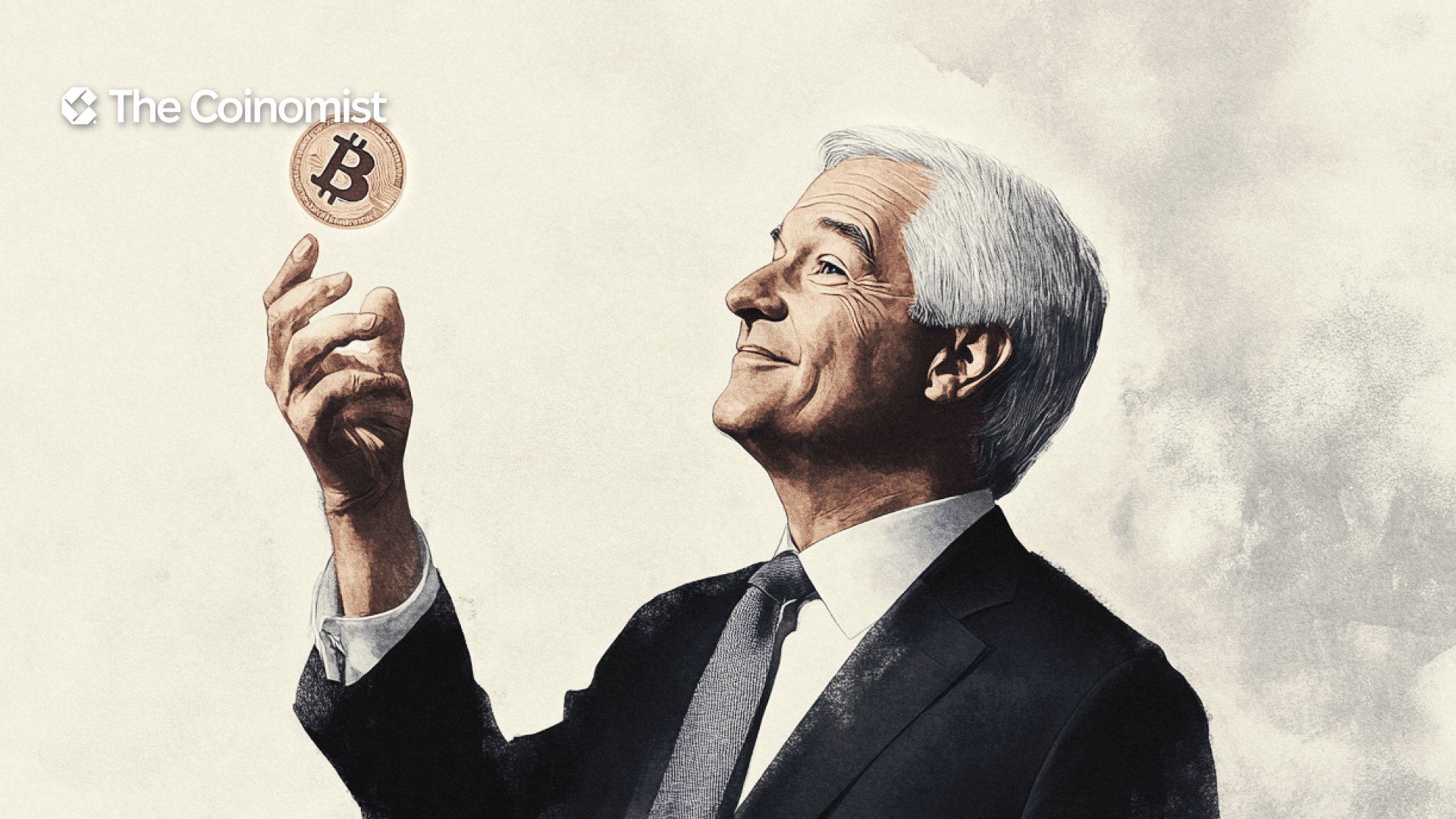 Smiling man with gray hair tosses a bitcoin coin. The Coinomist