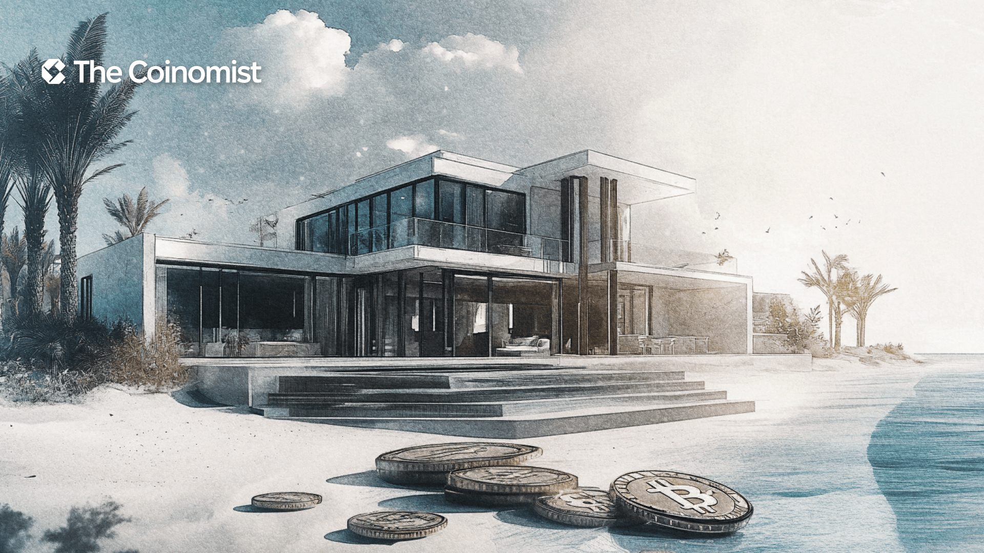 A luxury mansion by the beach with Bitcoins around it - The Coinomist